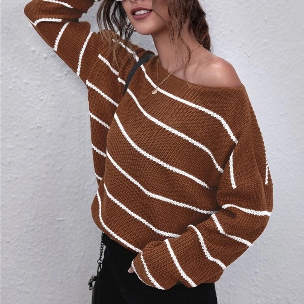 Brown Stripe Drop Shoulder Knit Sweater